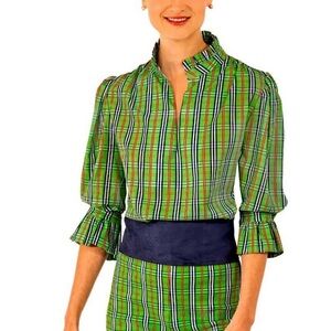 GRETCHEN SCOTT, Ruffle Neck Tunic Sunshine Plaid Green Sz S, NWT